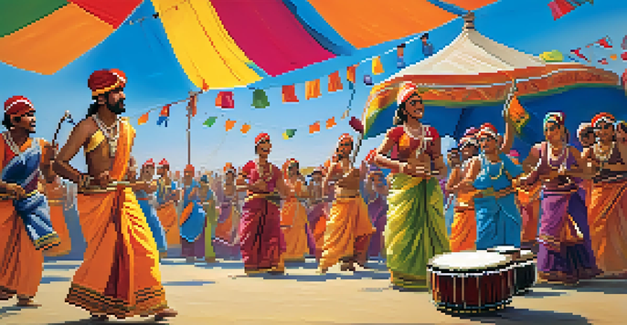 A lively Indian folk music festival with musicians, dancers, and colorful tents, capturing the essence of local culture.