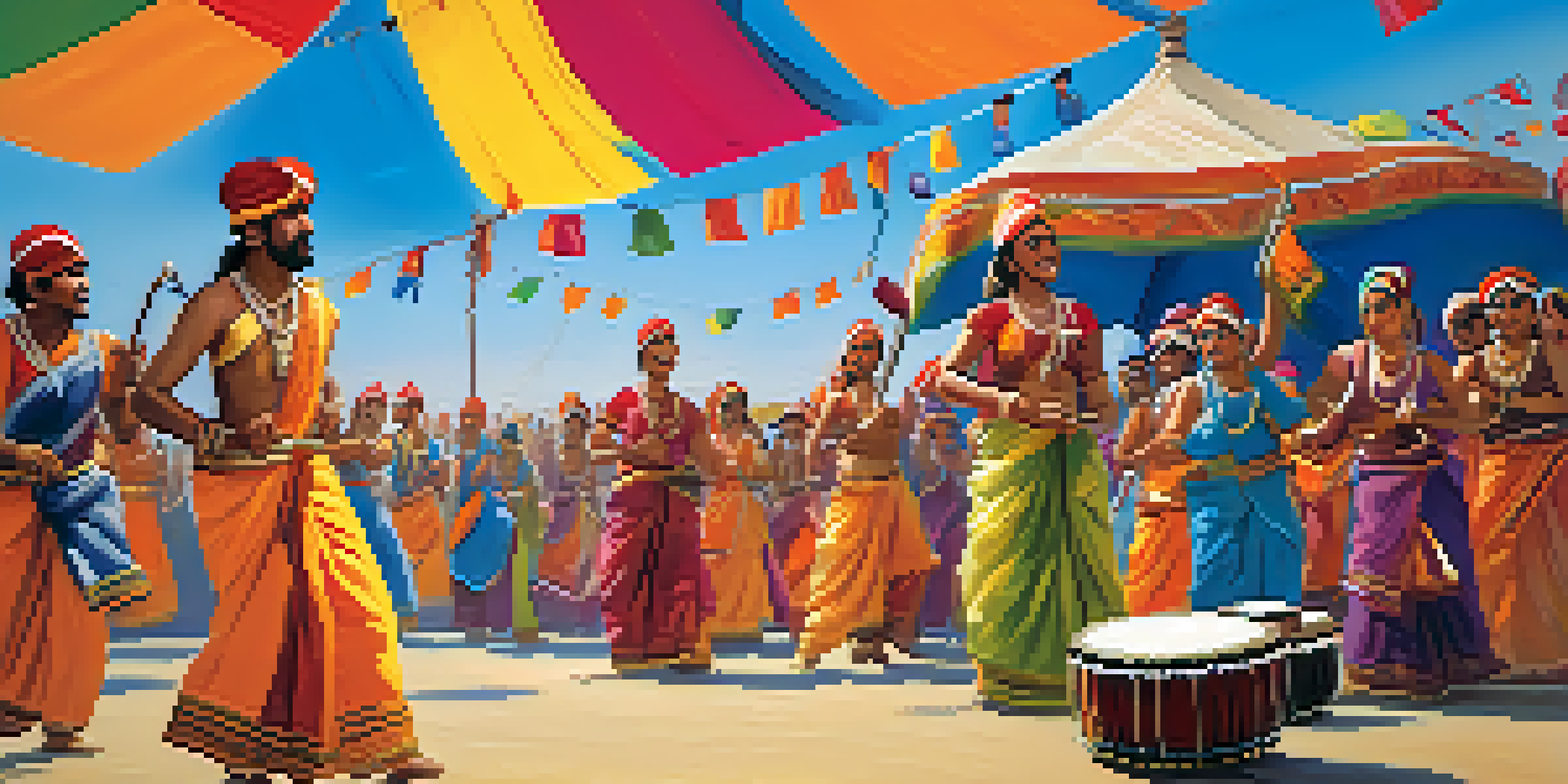 A lively Indian folk music festival with musicians, dancers, and colorful tents, capturing the essence of local culture.