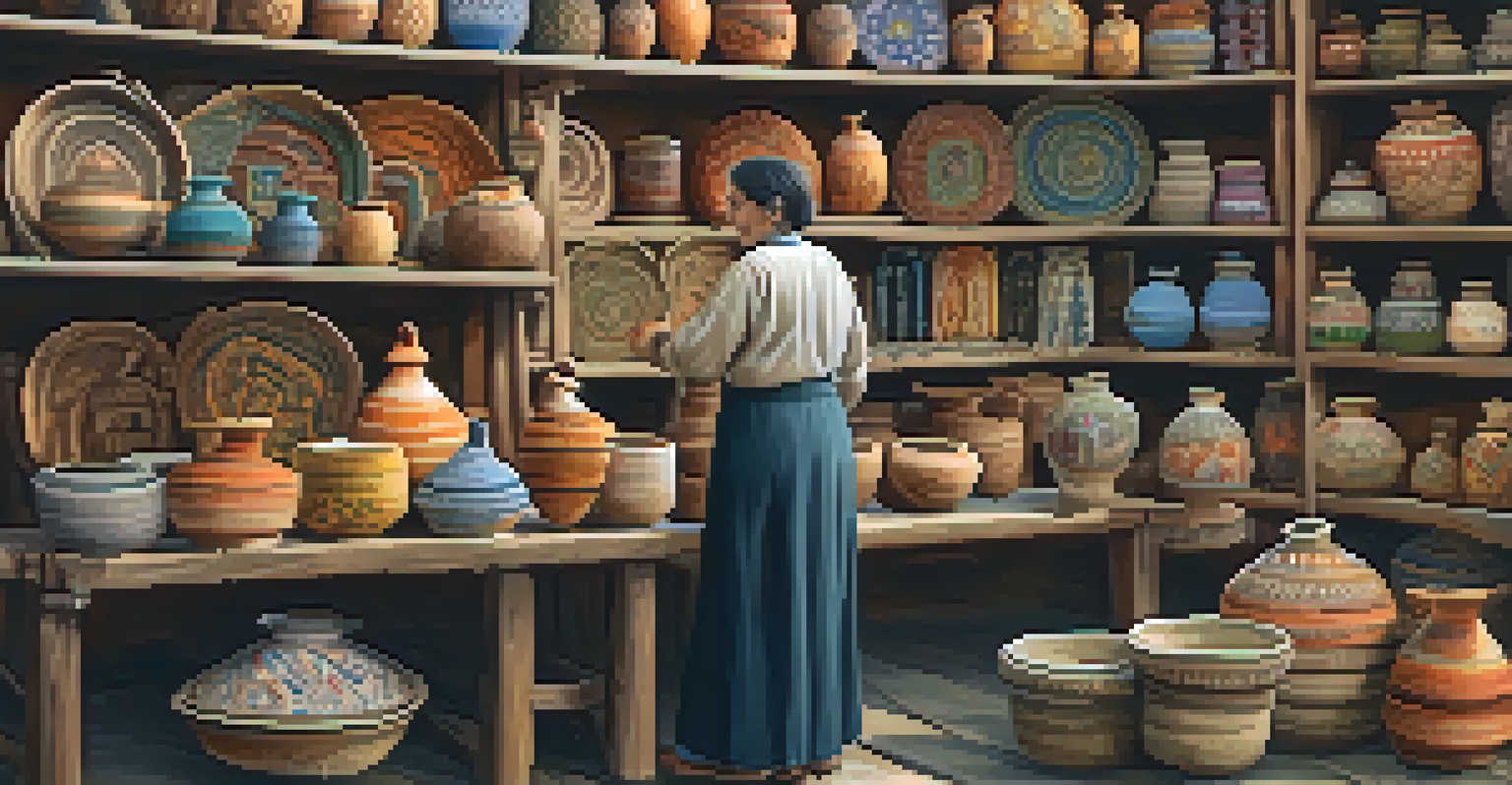 An artisan woman showcasing her handcrafted pottery and textiles at a market stall, engaging with a visitor.