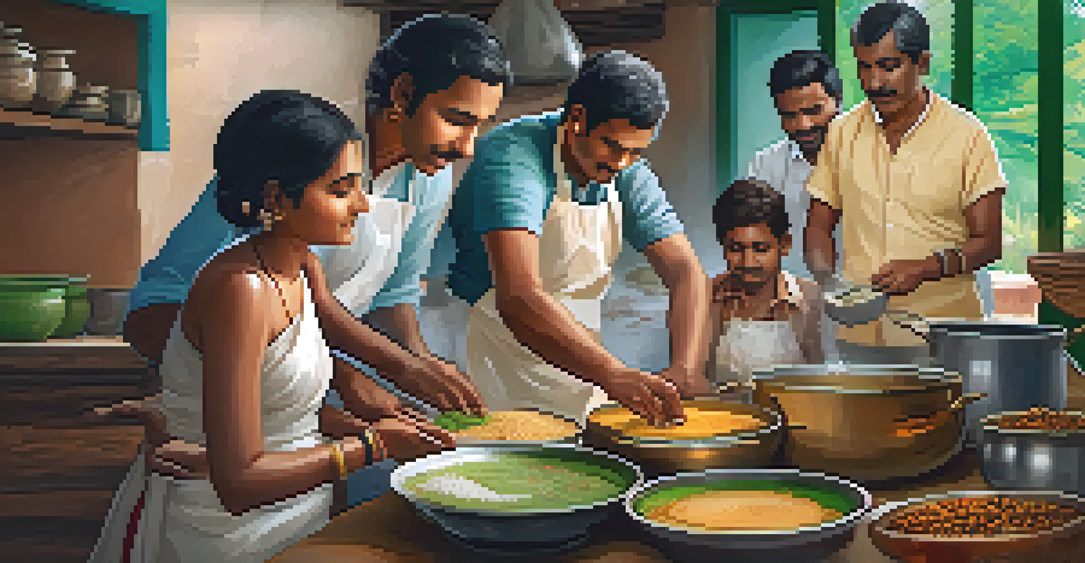 A cozy culinary workshop with a local chef teaching tourists how to prepare South Indian dishes, surrounded by fresh ingredients and cooking utensils.