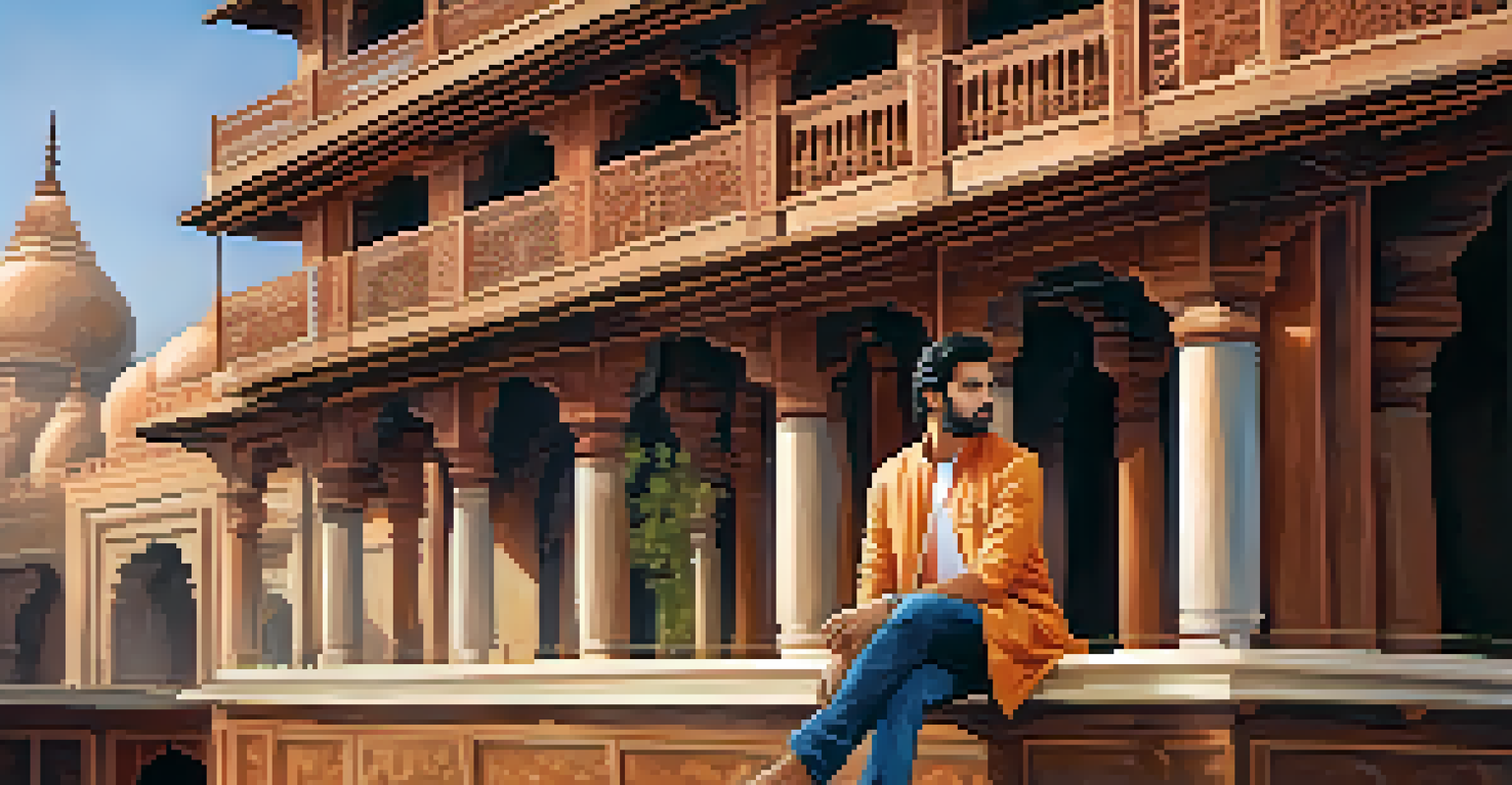 A man in a kurta and denim jeans standing in an urban environment blending tradition and modern fashion.