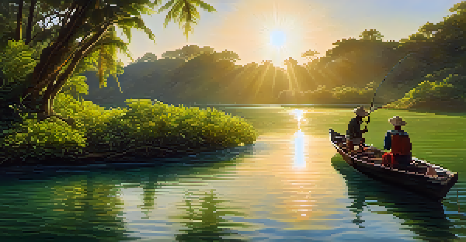 A traveler fishing with local fishermen on a sunny river, surrounded by lush greenery and fishing gear.