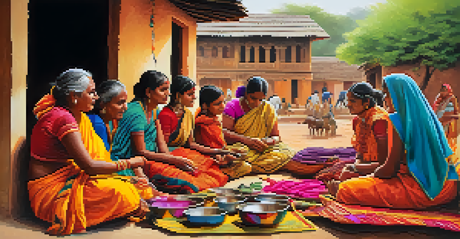Travelers engaging in a handicraft workshop with local artisans in a vibrant Indian village.