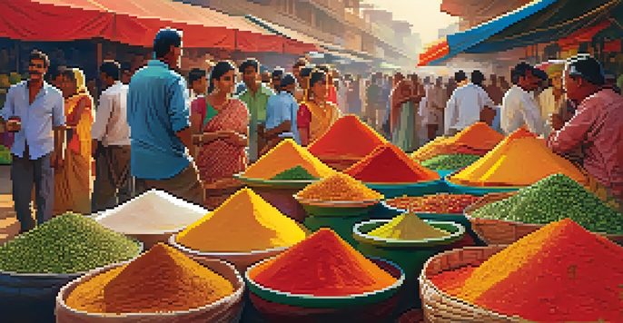A lively Indian market showcasing colorful spices and fresh produce under warm sunlight.
