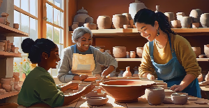 A group of diverse individuals happily working together in a pottery workshop, surrounded by clay and art supplies.