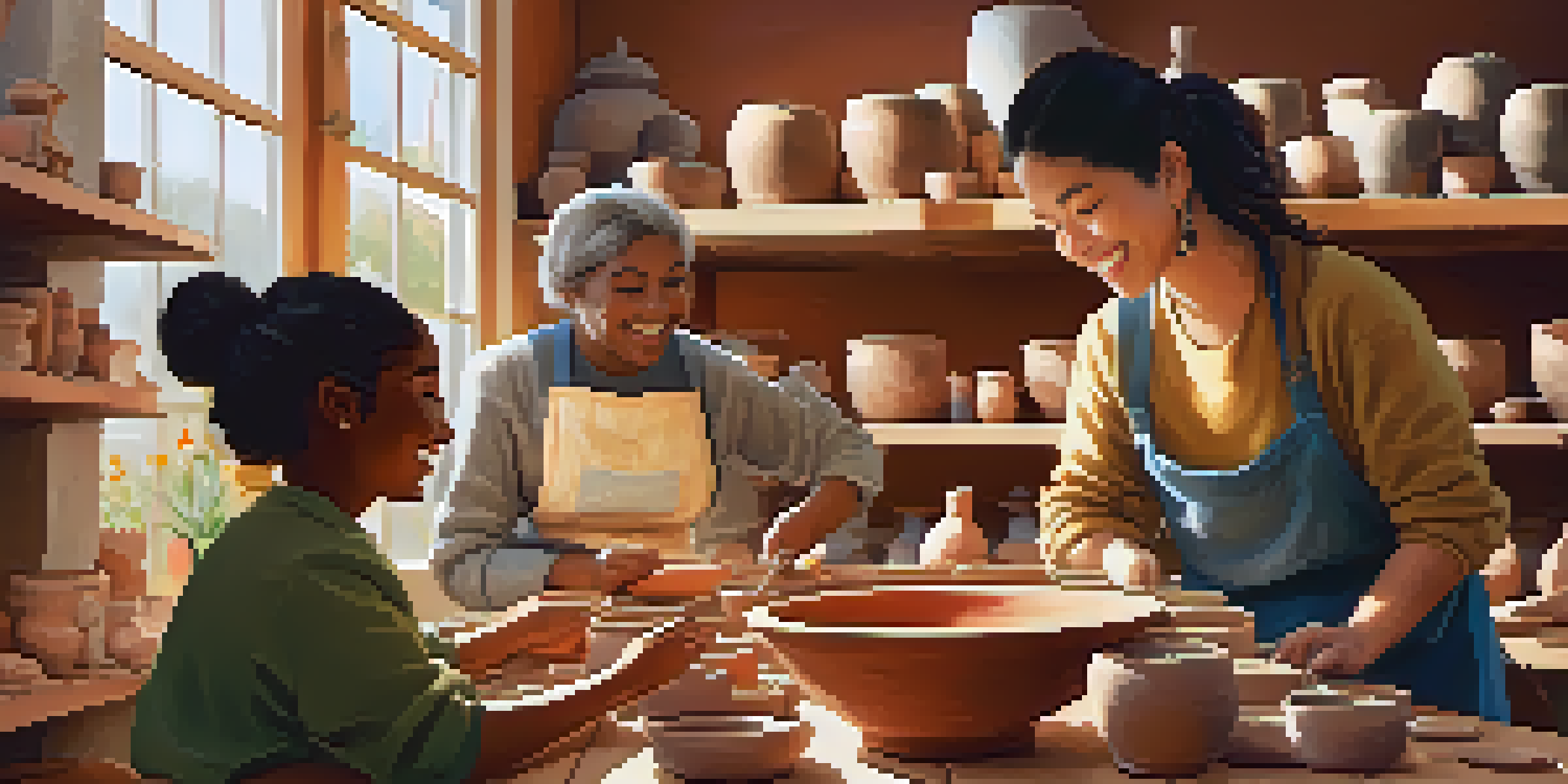 A group of diverse individuals happily working together in a pottery workshop, surrounded by clay and art supplies.