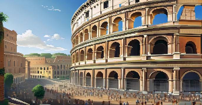 A scenic view of the Historic Center of Rome featuring the Colosseum and cobblestone streets illuminated by golden sunlight.