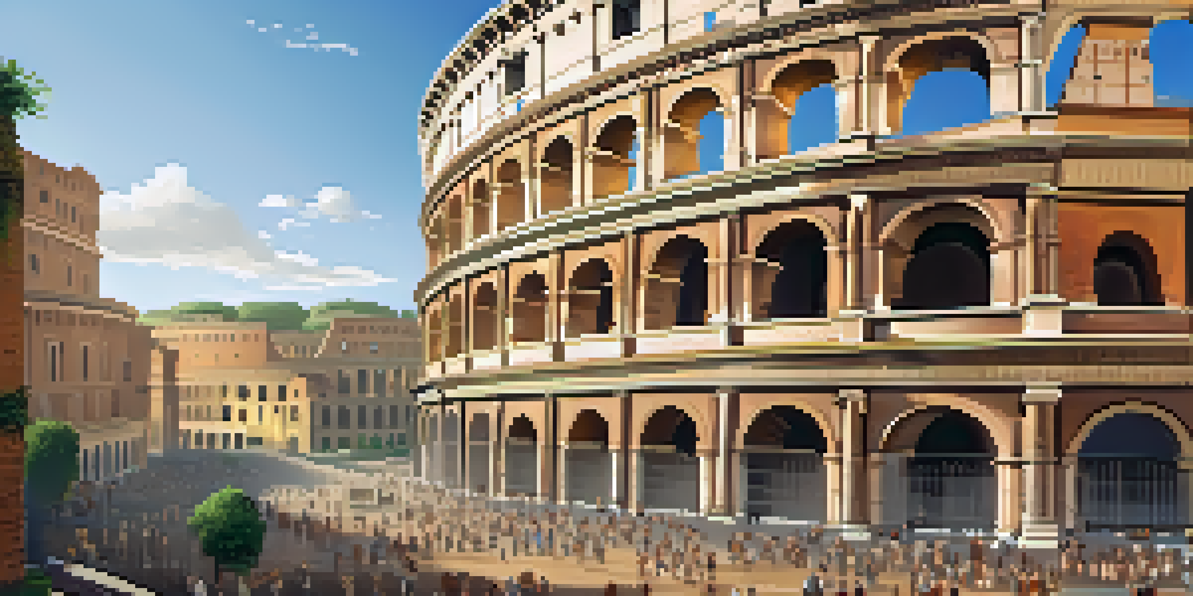 A scenic view of the Historic Center of Rome featuring the Colosseum and cobblestone streets illuminated by golden sunlight.