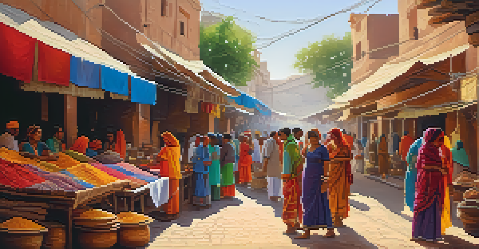 A vibrant market in Rajasthan with colorful textiles and handcrafted jewelry, featuring local vendors and customers.