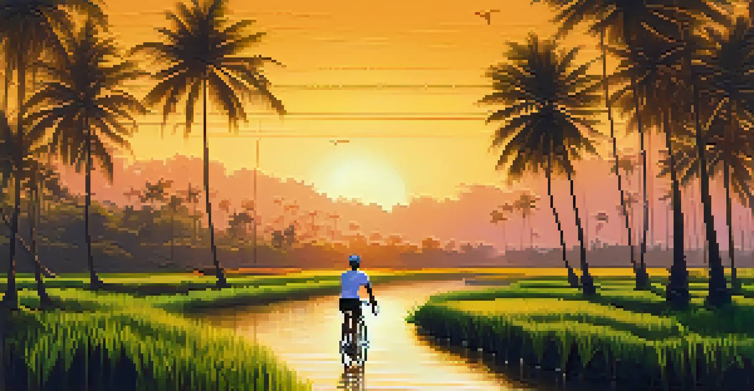 A peaceful cycling experience in Kerala's backwaters with palm trees and water reflecting the scenery.