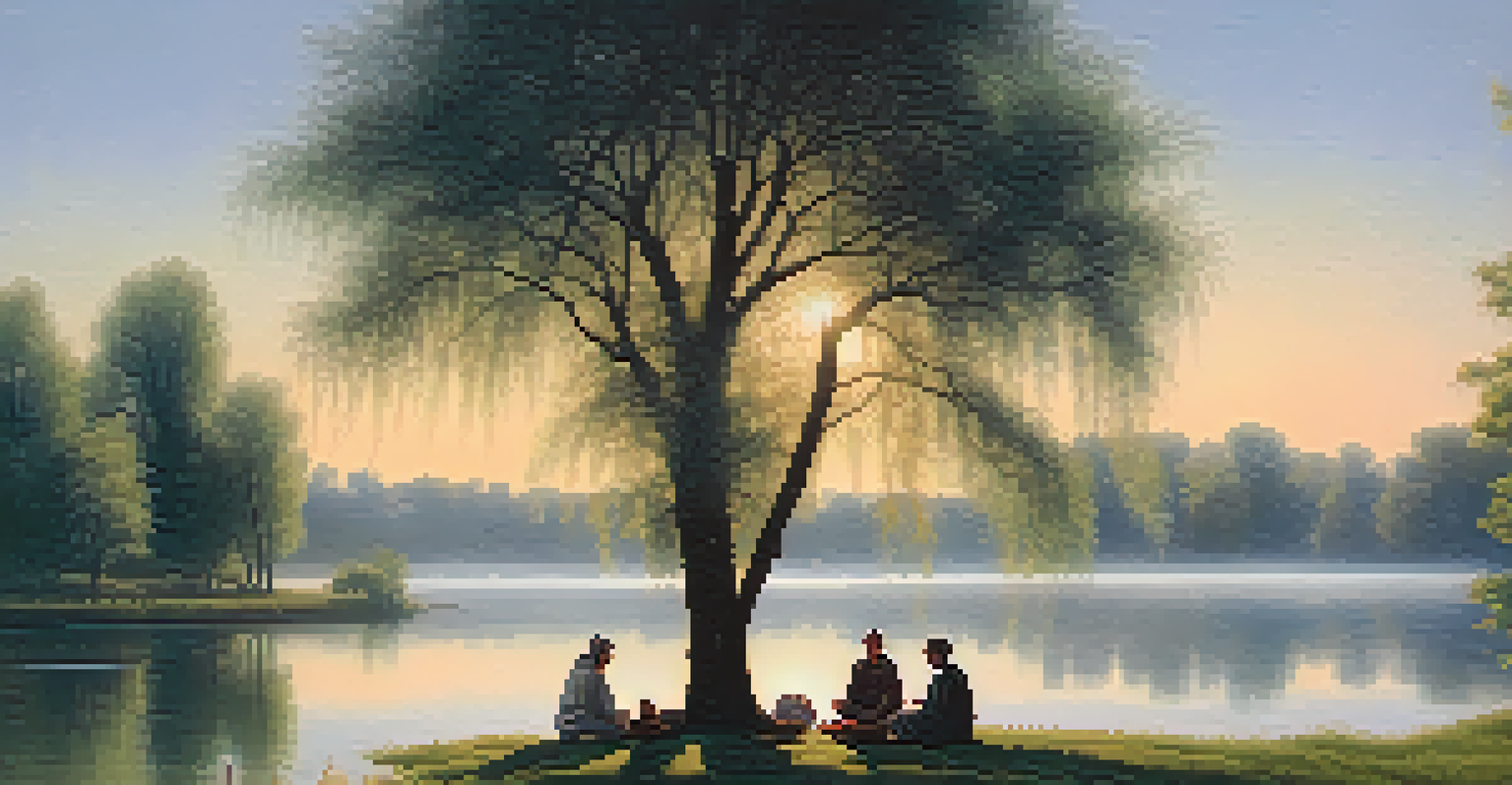 A group of people meditating by a misty lake at dawn, surrounded by willow trees and pastel skies.