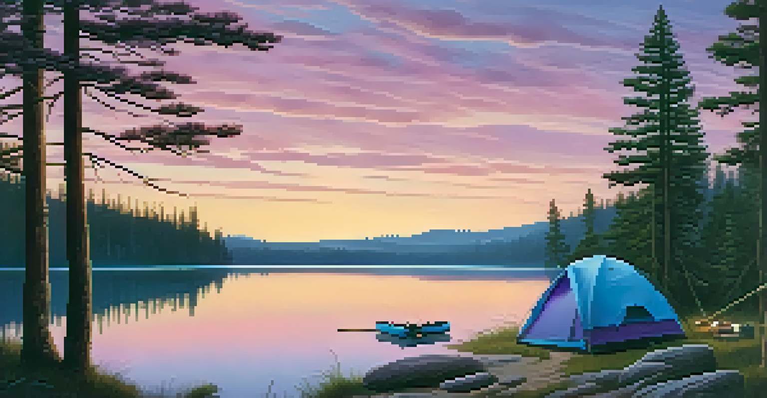 A campsite near a tranquil lake at dusk, with a tent, a campfire, and a beautiful sunset reflecting on the water.