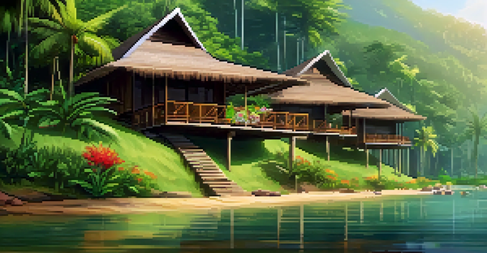 An eco-friendly lodge in Kerala surrounded by greenery and flowers, showcasing sustainable architecture.