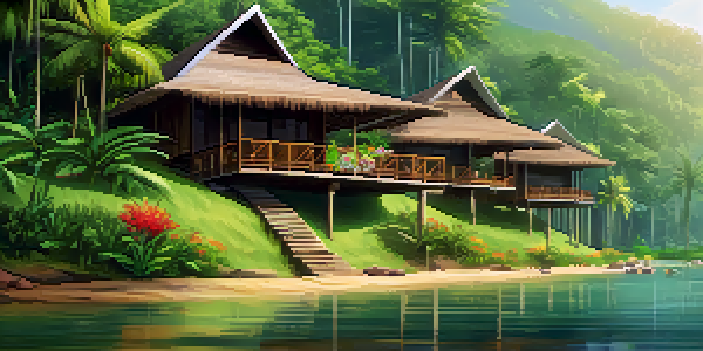 An eco-friendly lodge in Kerala surrounded by greenery and flowers, showcasing sustainable architecture.