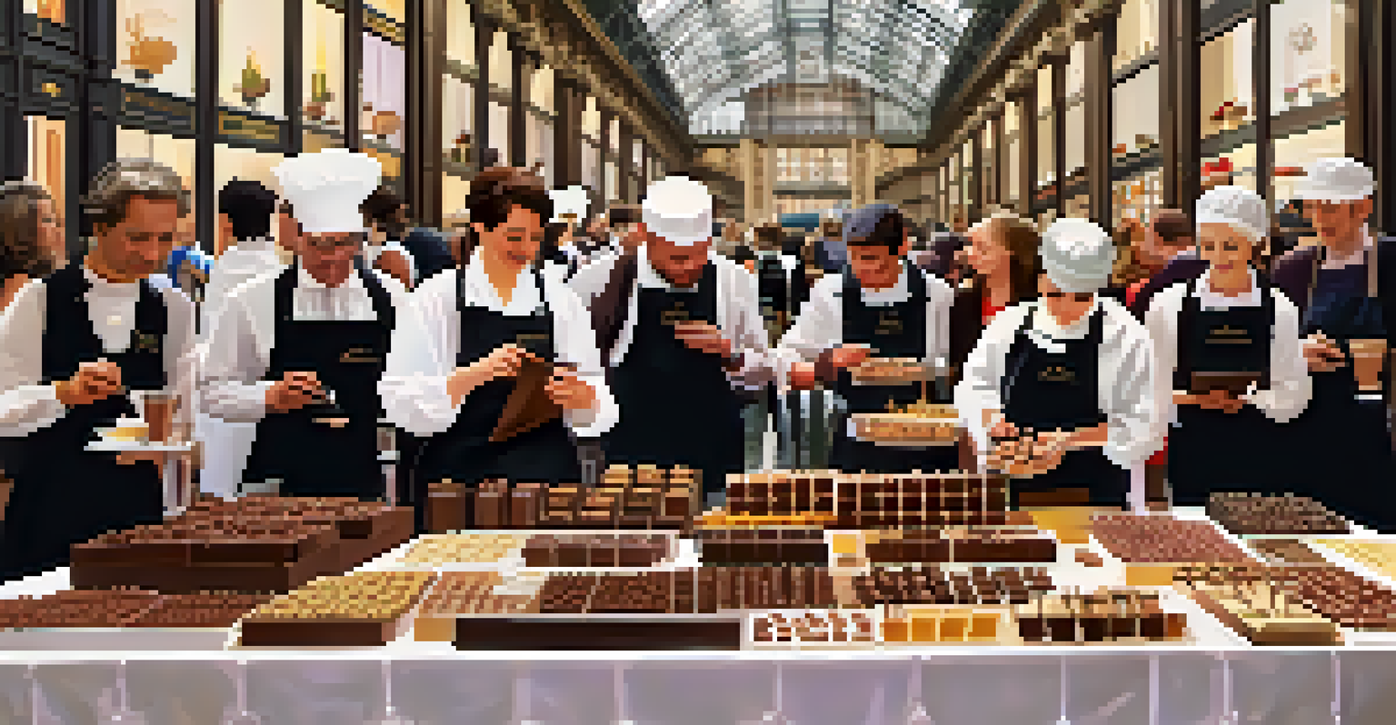 A Chocolate Festival in Paris showcasing various chocolate creations and attendees participating in workshops.