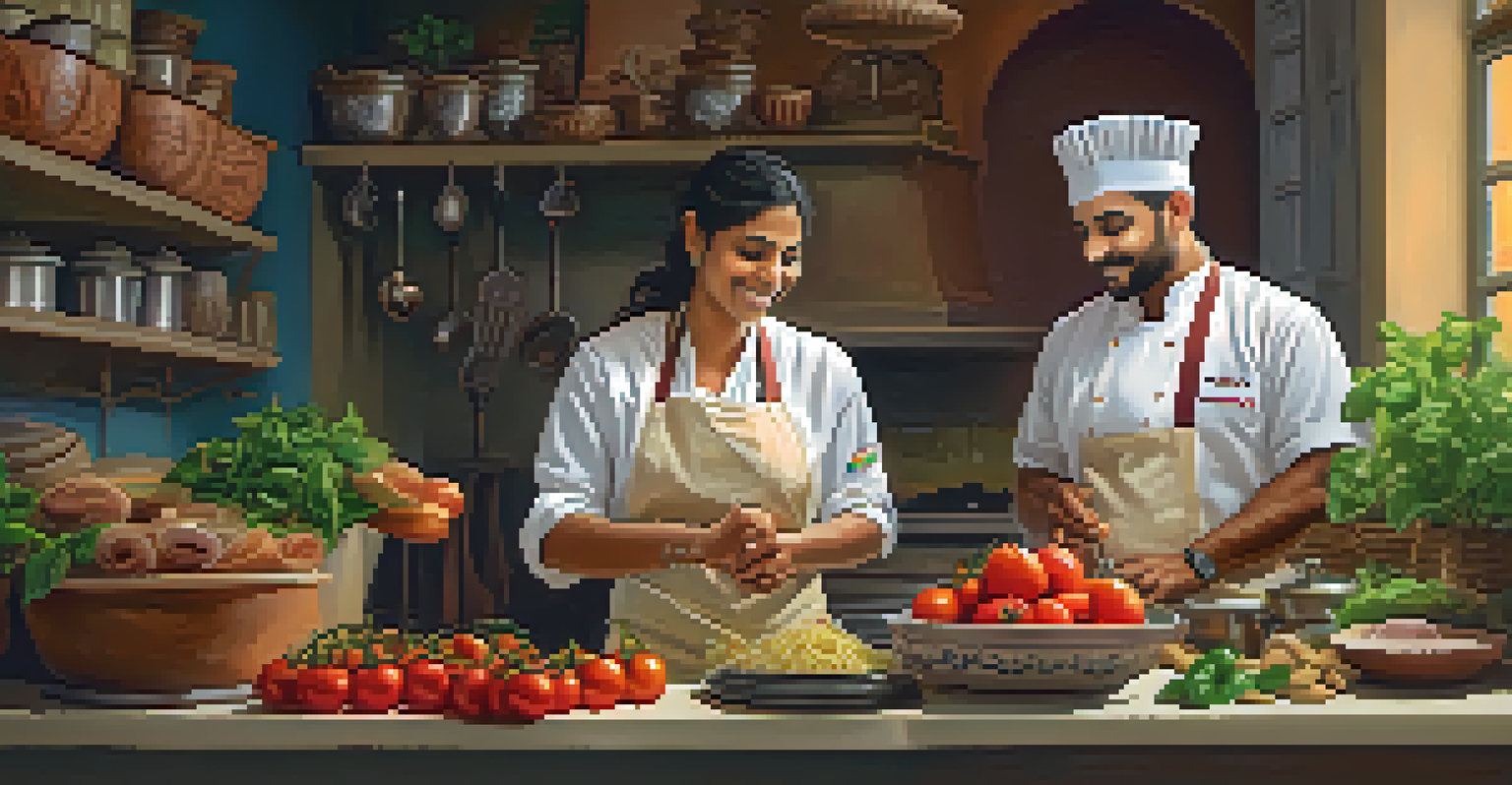 A young Indian chef learning Italian cooking in a cozy kitchen filled with colorful ingredients.