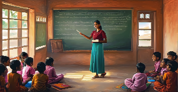 A volunteer teaches English to a group of diverse children in a bright, colorful rural classroom in India, with educational posters and a chalkboard in the background.
