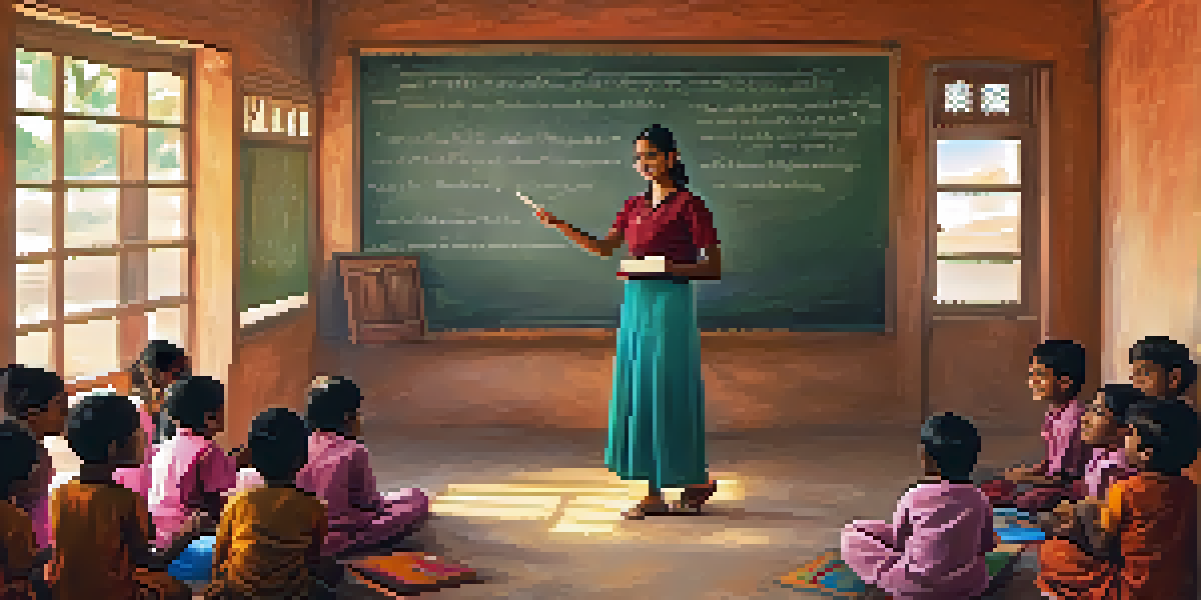 A volunteer teaches English to a group of diverse children in a bright, colorful rural classroom in India, with educational posters and a chalkboard in the background.