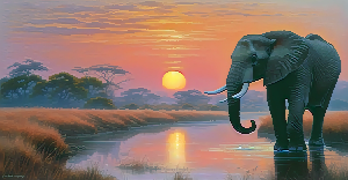 A majestic elephant standing in a wildlife reserve during a colorful sunrise, with mist rising from a river and soft light illuminating the landscape.