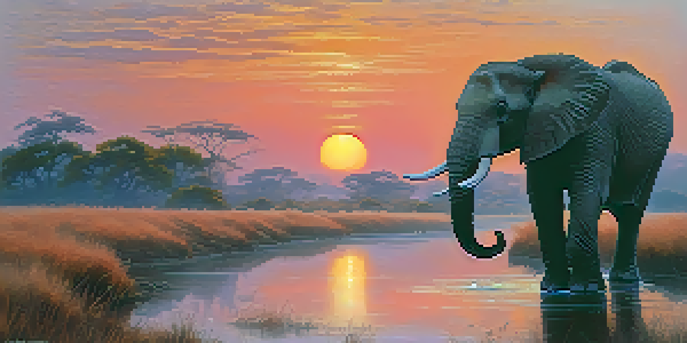 A majestic elephant standing in a wildlife reserve during a colorful sunrise, with mist rising from a river and soft light illuminating the landscape.