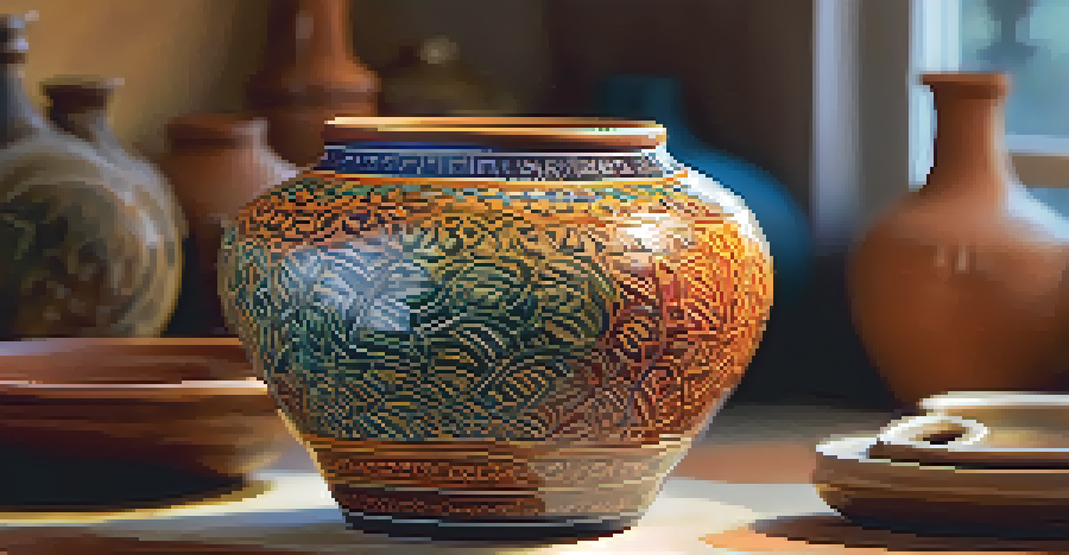 A close-up of a beautifully crafted pottery piece with intricate designs and colorful glazes.