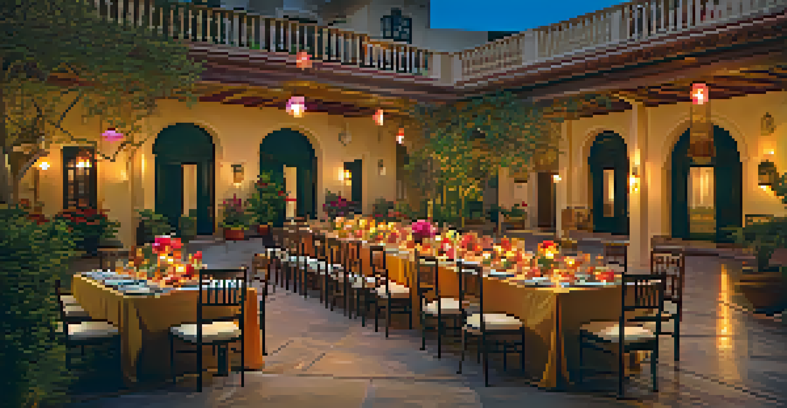 An elegant dining setup with traditional Indian dishes in a heritage hotel courtyard, beautifully decorated with flowers and candlelight.
