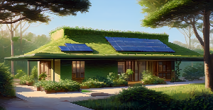 A picturesque eco-friendly hotel surrounded by greenery, with solar panels and an organic garden, under soft morning light.