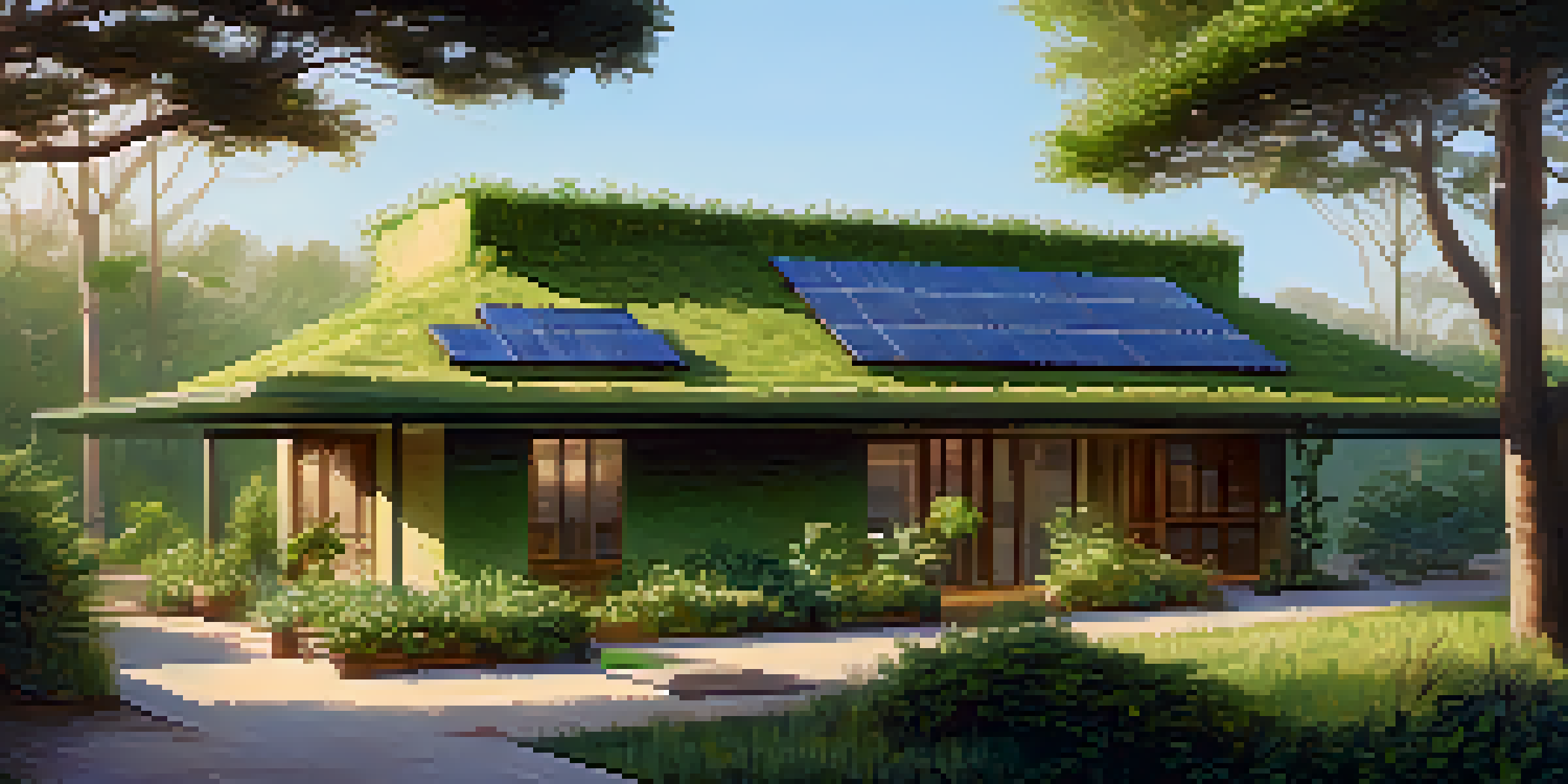 A picturesque eco-friendly hotel surrounded by greenery, with solar panels and an organic garden, under soft morning light.