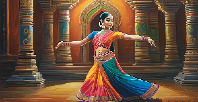A Bharatanatyam dancer wearing a colorful traditional costume, performing in front of an ancient temple with intricate carvings.