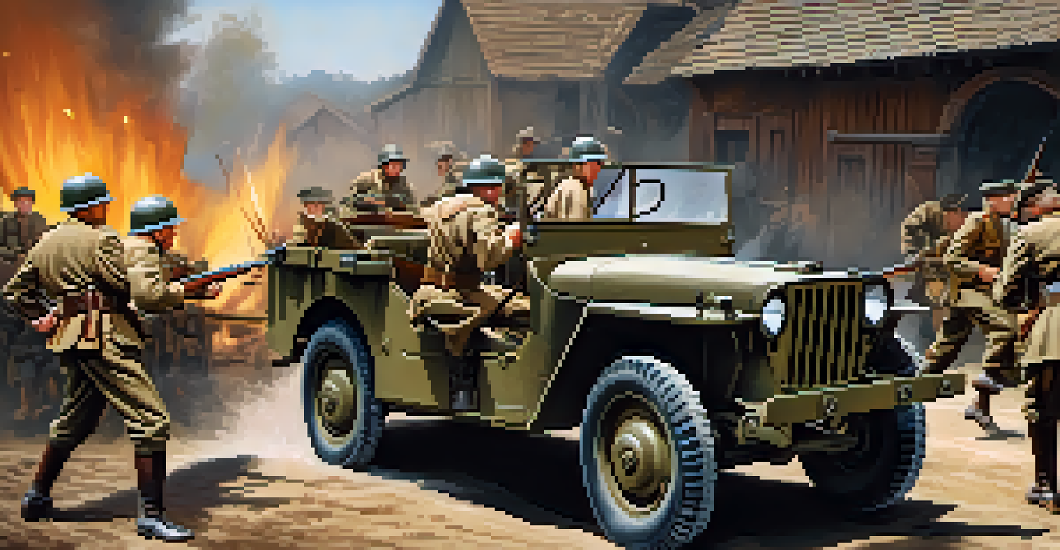 A dynamic World War II reenactment with soldiers in vintage uniforms amidst a simulated battle scene, complete with military vehicles.