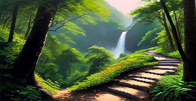 A tranquil scene of a nature walk in the Western Ghats, with a winding trail, towering trees, and blooming wildflowers illuminated by sunlight.