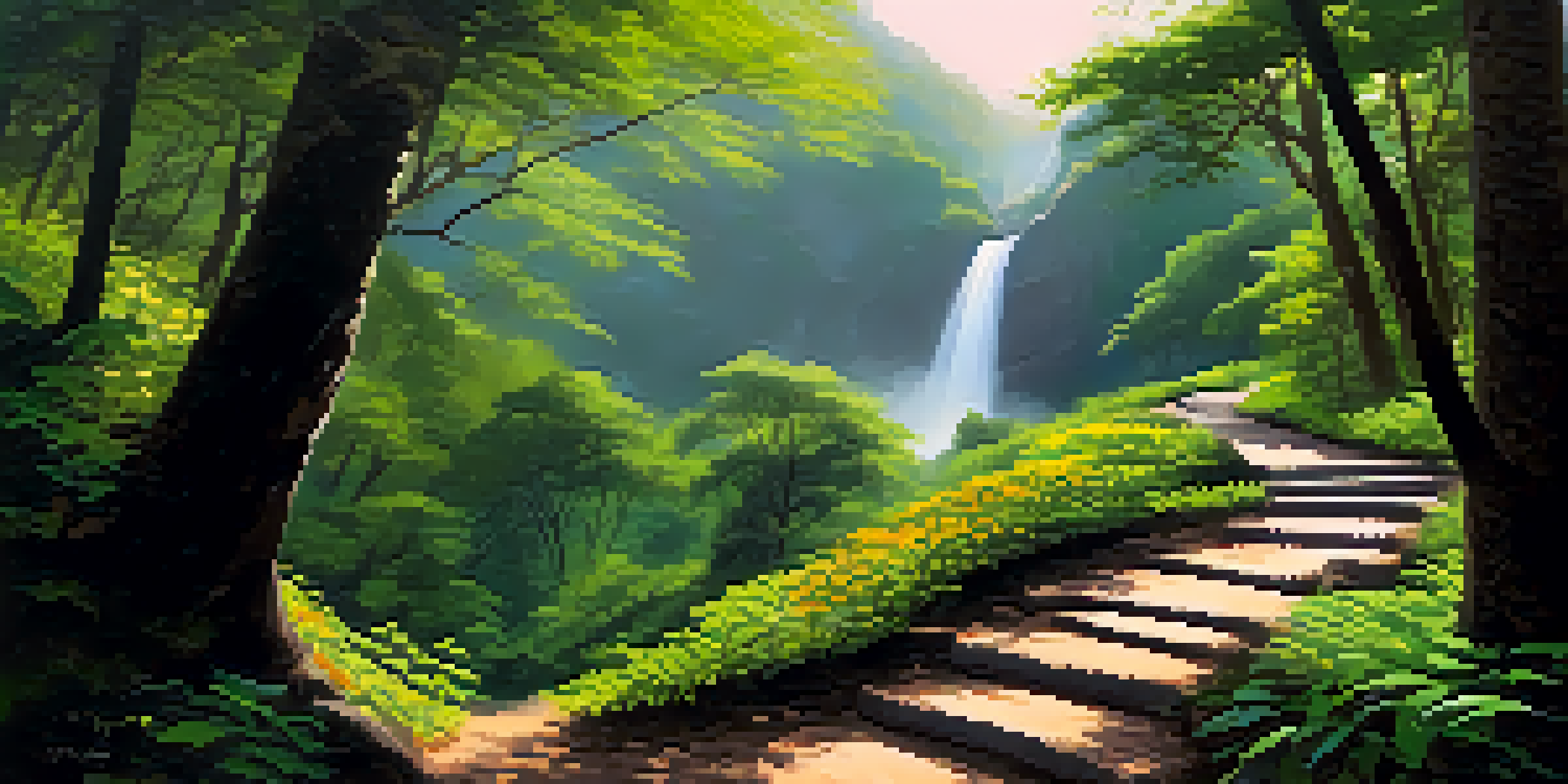 A tranquil scene of a nature walk in the Western Ghats, with a winding trail, towering trees, and blooming wildflowers illuminated by sunlight.