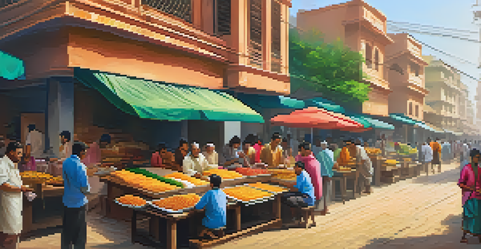 A lively street food market in Mumbai with colorful stalls serving Indian snacks, surrounded by happy customers and bright sunlight.