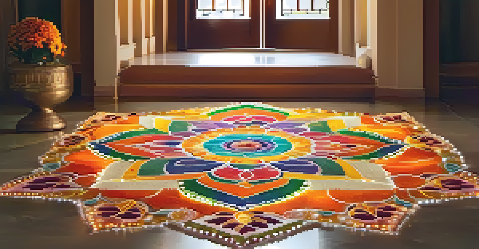 A beautifully crafted rangoli design at the entrance of a home during Diwali, surrounded by oil lamps and decorations.