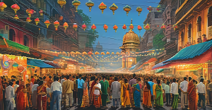 A lively street scene in Kolkata during the Durga Puja festival, showcasing colorful decorations and crowds of people in traditional clothing.