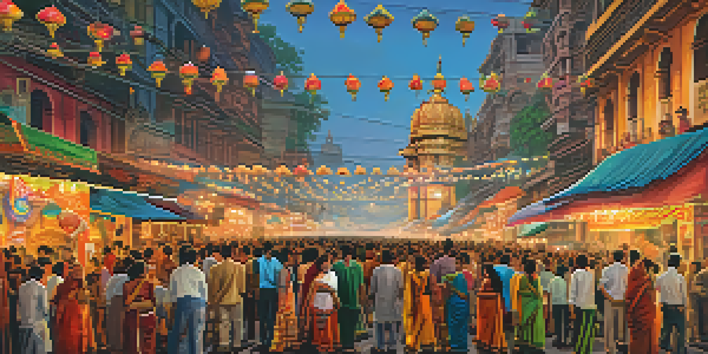 A lively street scene in Kolkata during the Durga Puja festival, showcasing colorful decorations and crowds of people in traditional clothing.