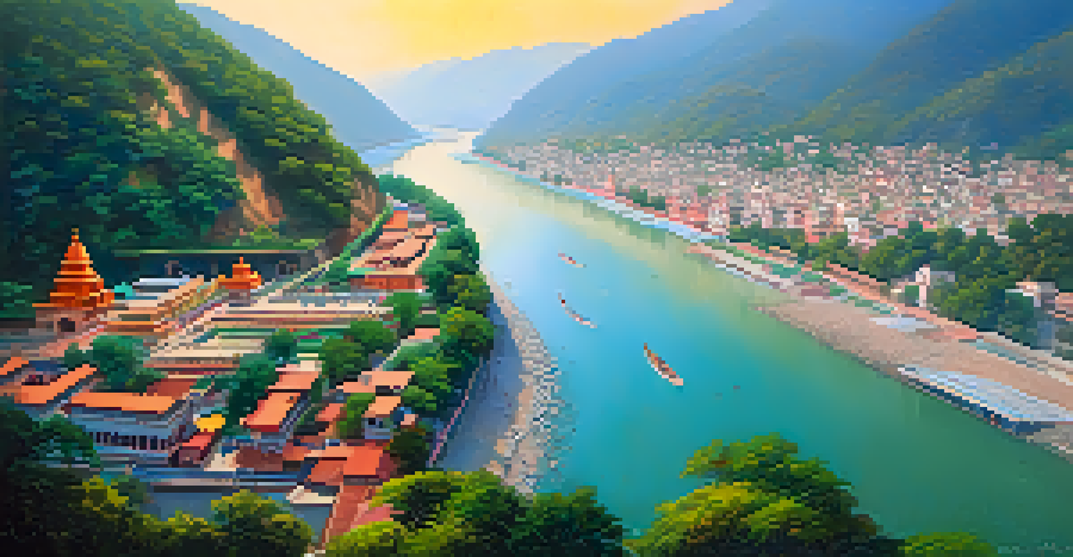 Aerial view of Rishikesh with yoga practitioners by the Ganges River and ashrams surrounded by the lush Himalayan foothills, illuminated by the sun.