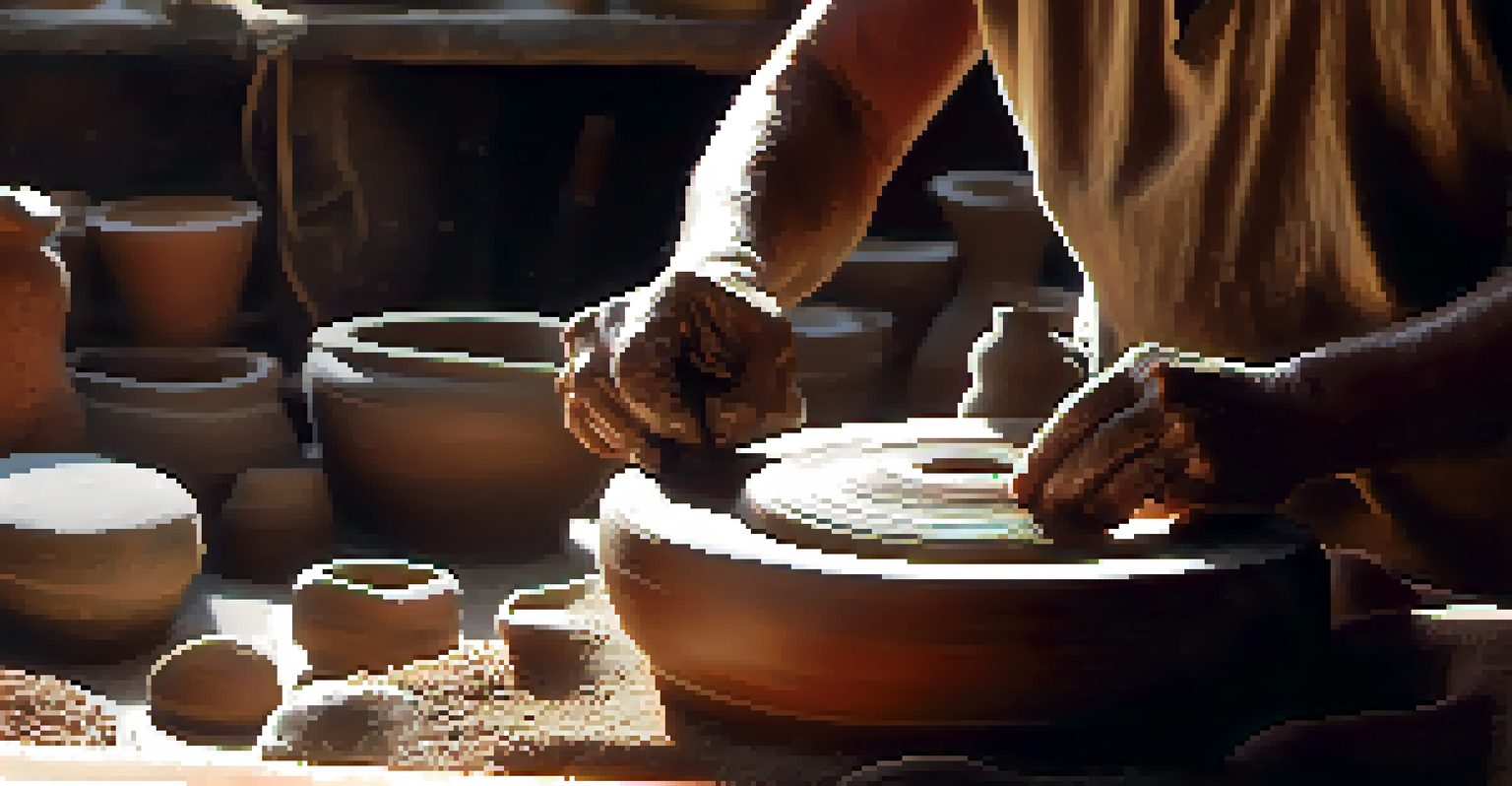 An artisan shaping clay on a pottery wheel in a sunny workshop, surrounded by finished pottery and tools.