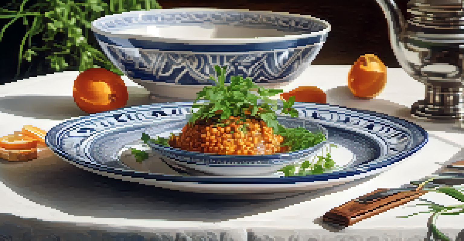 A traditional dish served on a ceramic plate, showcasing vibrant colors and garnished with fresh herbs in a culturally rich setting.