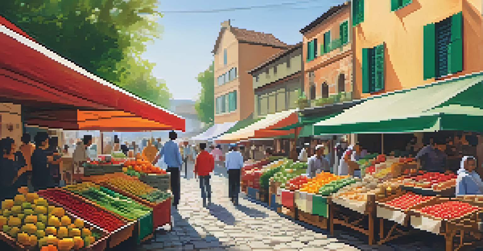 A colorful local market with shoppers and vendors promoting eco-friendly products and local crafts.