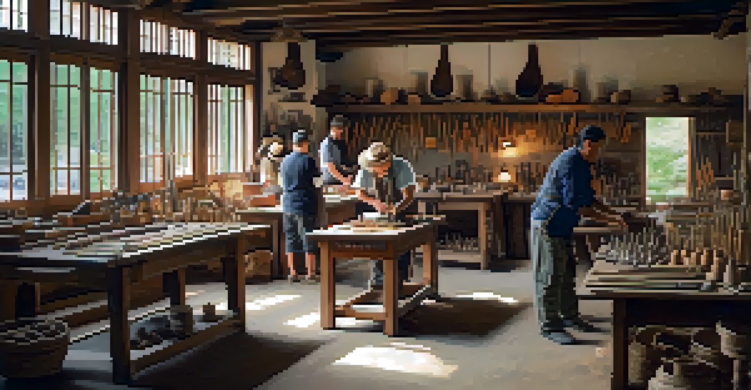 A workshop where local artisans teach tourists traditional crafting techniques, with a focus on the artisans and their work.