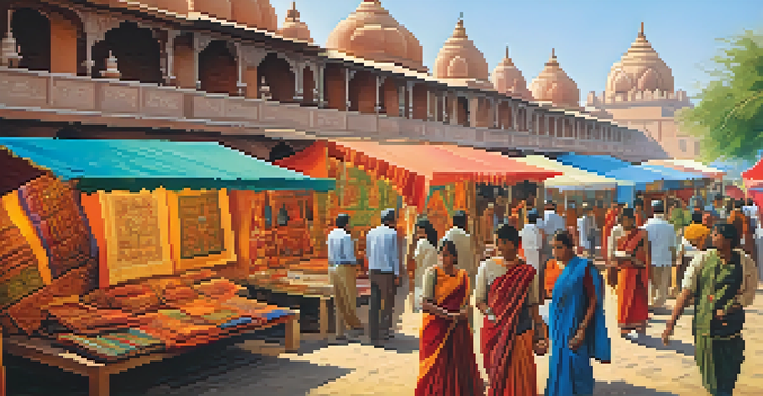 A bustling Indian art and craft fair with colorful stalls, artisans at work, and a diverse crowd of visitors.