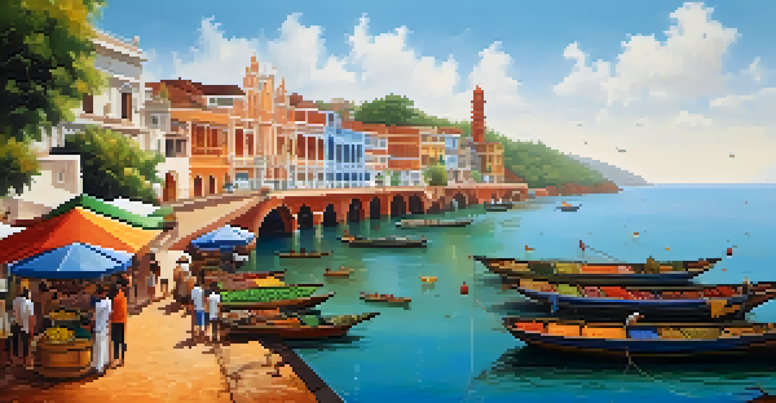 A vibrant coastal town in Goa featuring colorful buildings, local markets, and tourists exploring the streets.