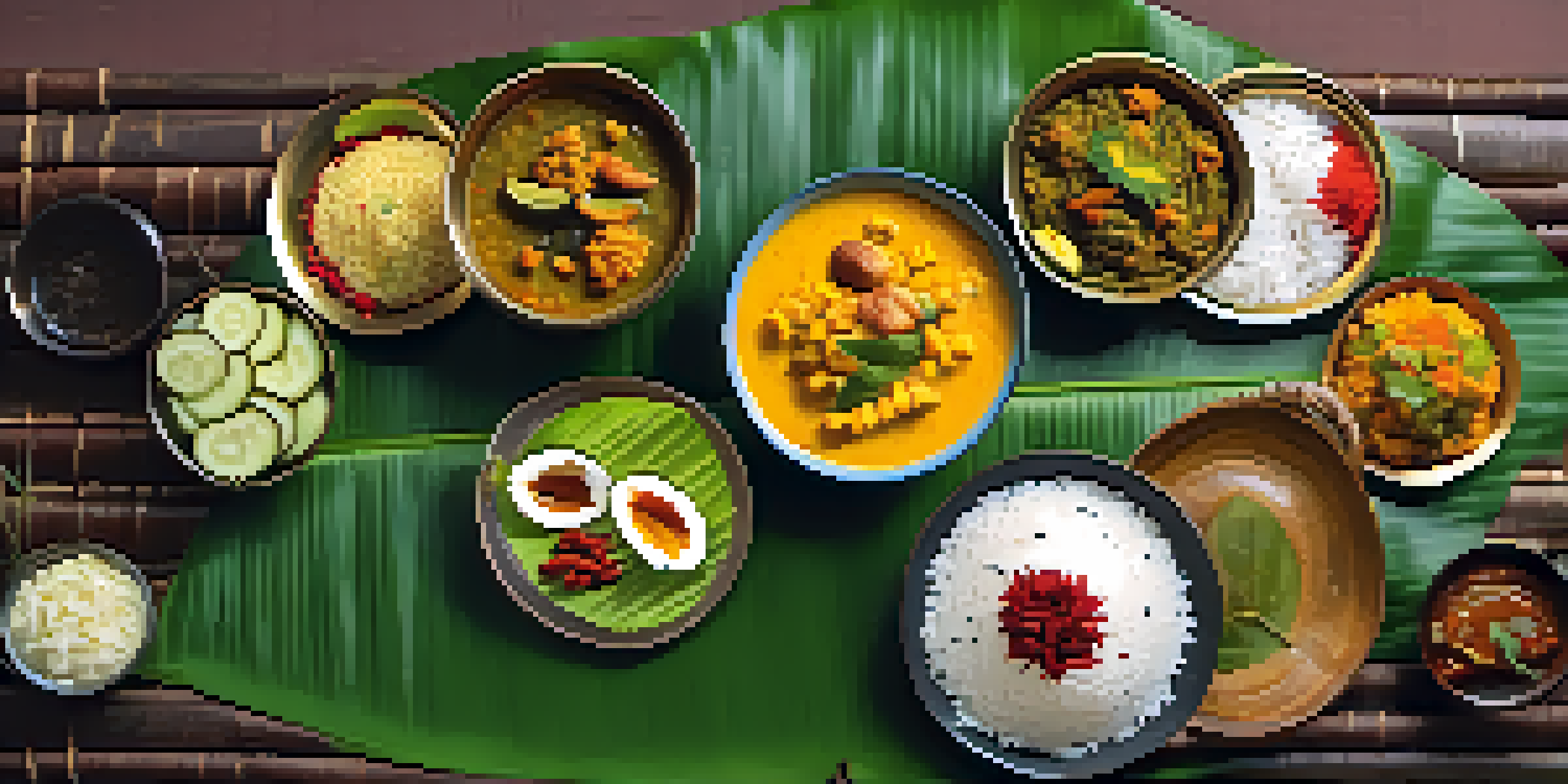 An Onam Sadya feast with various vegetarian dishes arranged on a banana leaf, showcasing vibrant colors and traditional decor.