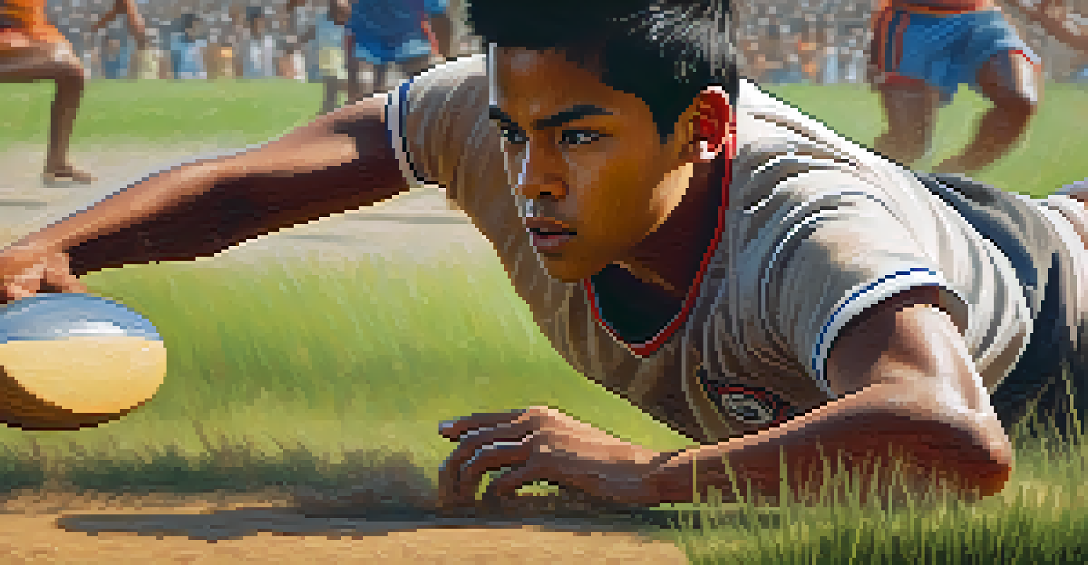 Close-up of a Kho Kho player dodging a tag, showing determination, with textured grass underfoot and sunlight creating soft shadows.
