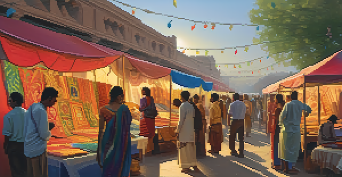 A lively Indian art and craft fair with colorful stalls showcasing handcrafted items and artisans interacting with visitors.
