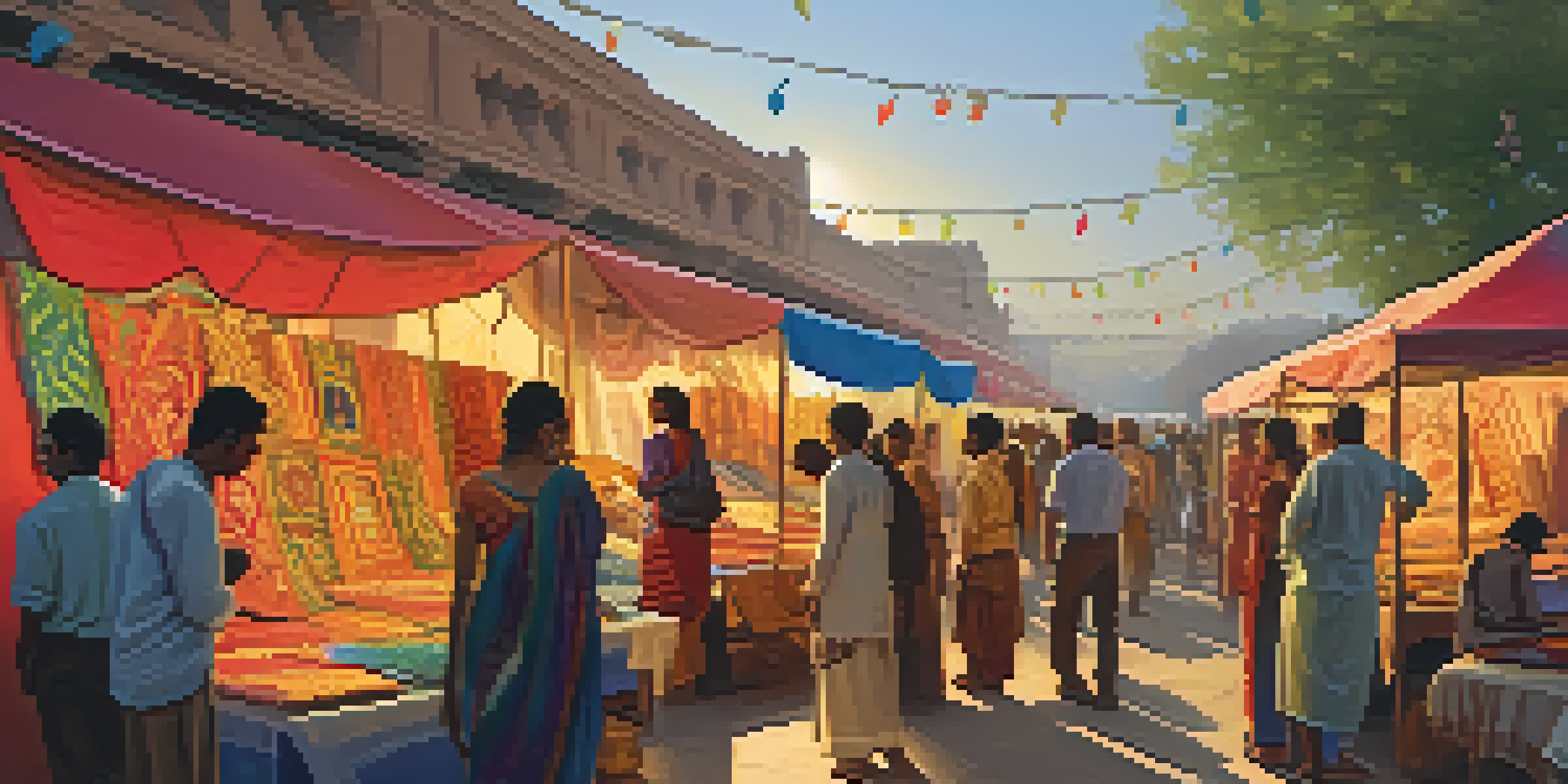 A lively Indian art and craft fair with colorful stalls showcasing handcrafted items and artisans interacting with visitors.