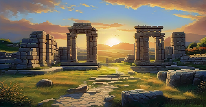A panoramic view of Hattusa's ancient ruins, featuring stone walls and the Lion's Gate at sunset.