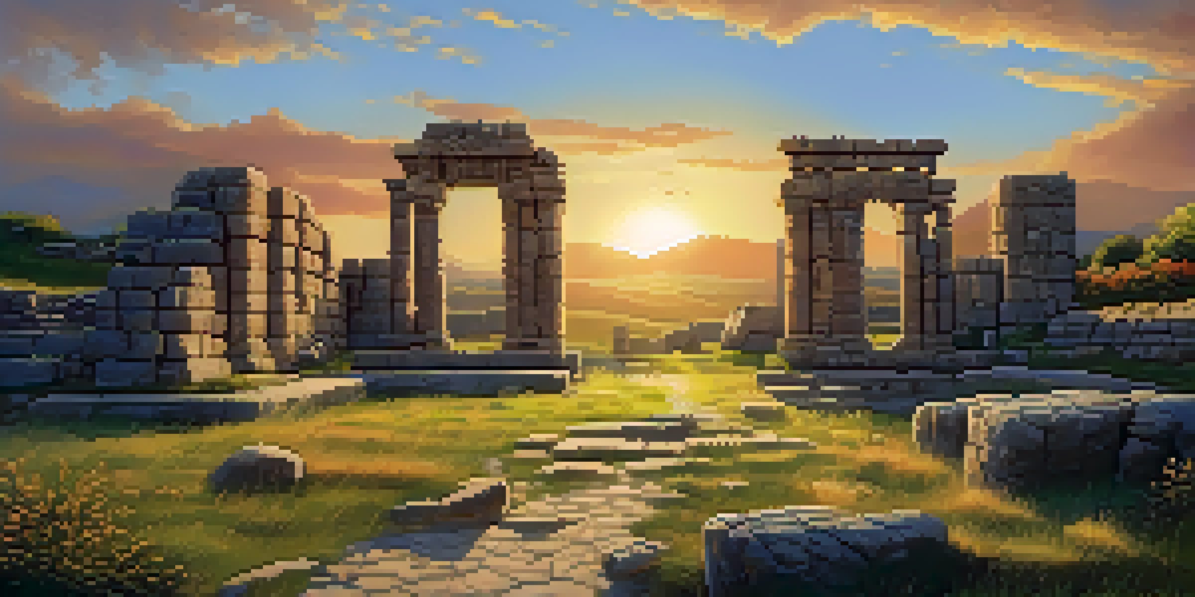 A panoramic view of Hattusa's ancient ruins, featuring stone walls and the Lion's Gate at sunset.