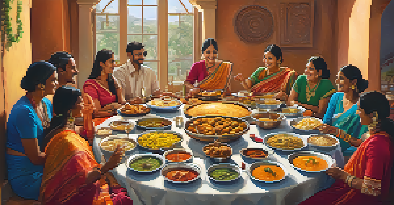 A communal dining setting with friends sharing a meal of traditional Indian dishes on a decorated table.